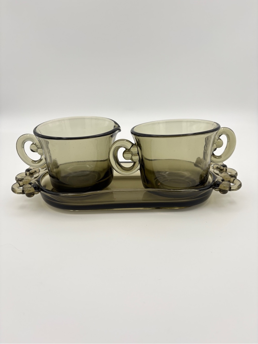 Perforal Cream and Sugar Set with Tray Josef Inwald Black Depression Glass